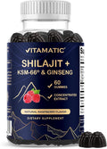 Vitamatic Shilajit with KSM-66® Ashwagandha & Ginseng Extract Gummies – Natural Raspberry Flavor – 60 Vegan Gummies - Made in USA