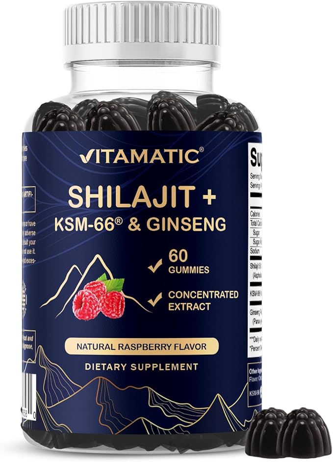 Vitamatic Shilajit with KSM-66® Ashwagandha & Ginseng Extract Gummies – Natural Raspberry Flavor – 60 Vegan Gummies - Made in USA