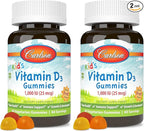 Carlson - Kid's Vitamin D3 Gummies, 1000 IU (25 mcg), Bone Health & Immune Support, Growth & Development, Vitamin D Gummies, D3 Gummy Vitamins, Natural Fruit Flavors, 60 Vegetarian Gummies (Pack of 2)