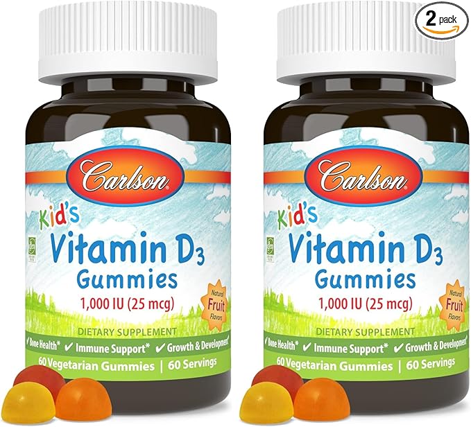 Carlson - Kid's Vitamin D3 Gummies, 1000 IU (25 mcg), Bone Health & Immune Support, Growth & Development, Vitamin D Gummies, D3 Gummy Vitamins, Natural Fruit Flavors, 60 Vegetarian Gummies (Pack of 2)