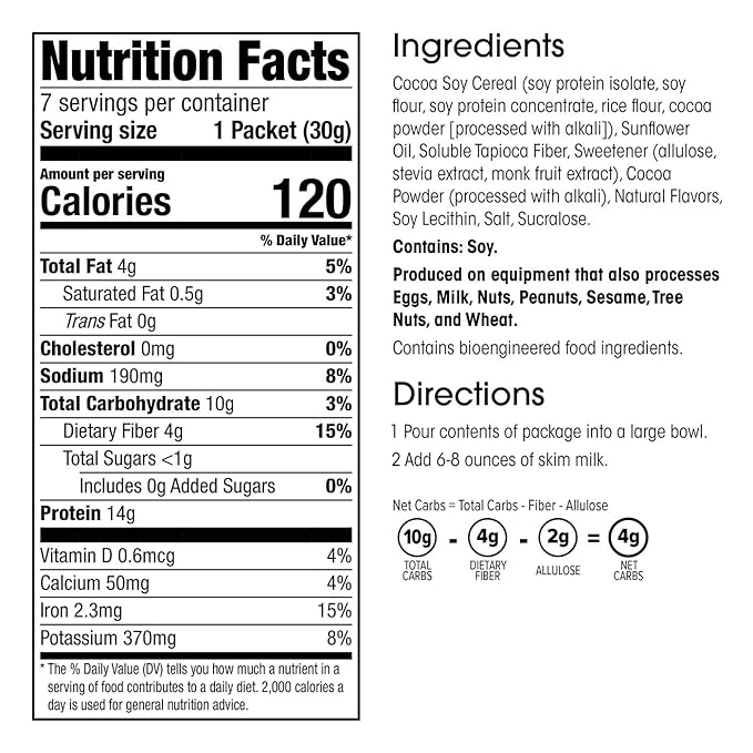 WonderSlim Protein Cereal, Cocoa, Low Sugar, Gluten Free, Keto Friendly & Low Carb (7ct)