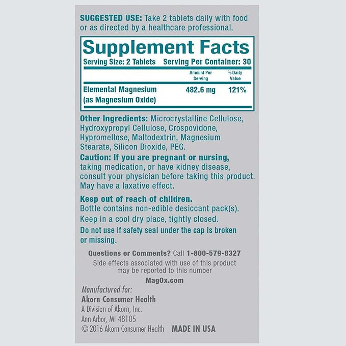 Mag-Ox Magnesium Supplement, Pharmaceutical Grade Magnesium Oxide 483mg, Most Concentrated Form of Magnesium, 120 Tablets (Pack of 3)