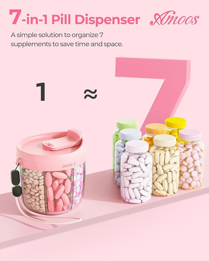 AMOOS Cute Pill Dispenser with 7 Compartments, Pill Bottle Organizer with Anti-Mix Design, Portable Pill Organizer for Travel with Wide Mouth for Easy Access, BPA-Free Patented Pill Container, Pink