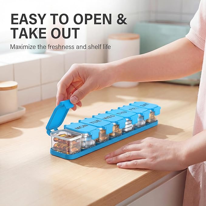 Extra Large Weekly Pill Organizer - Waterproof 7-Day Pill Box, Portable Vitamin & Supplement Case, Easy to Open Design, Ideal for Travel a nd Daily Medication Management (Blue)