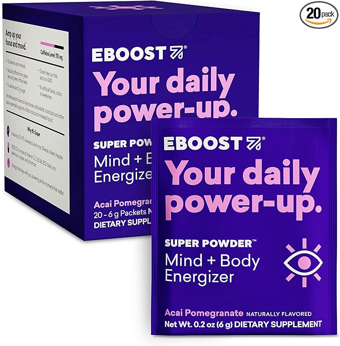 EBOOST SUPER POWDER Drink Mix - Acai Pomegranate 0.2 oz 20 Pack Hydration Energizer Electrolytes Powder - 13 Vitamins & Minerals - 110 mg Caffeine - 0 Added Sugar - No Artificial Flavors or Sweeteners