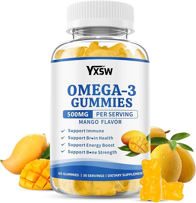 Vegan Omega-3 Gummies 500mg, Omega 3 Fish Oil Alternative for Adults with Plant-Based EPA & DHA & Vitamin A, C, E for Brain, Eye & Immune Health, Sugar Free, Mango Flavor, 60 Count