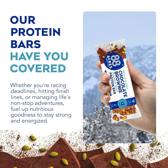 88 Acres Pumpkin Seed Protein Bars, Fudge Brownie, 9 Count, 12g Plant-Based Protein, Gluten Free, Nut Free, School Safe Snack Bar, Vegan, Non-GMO, Individually Wrapped