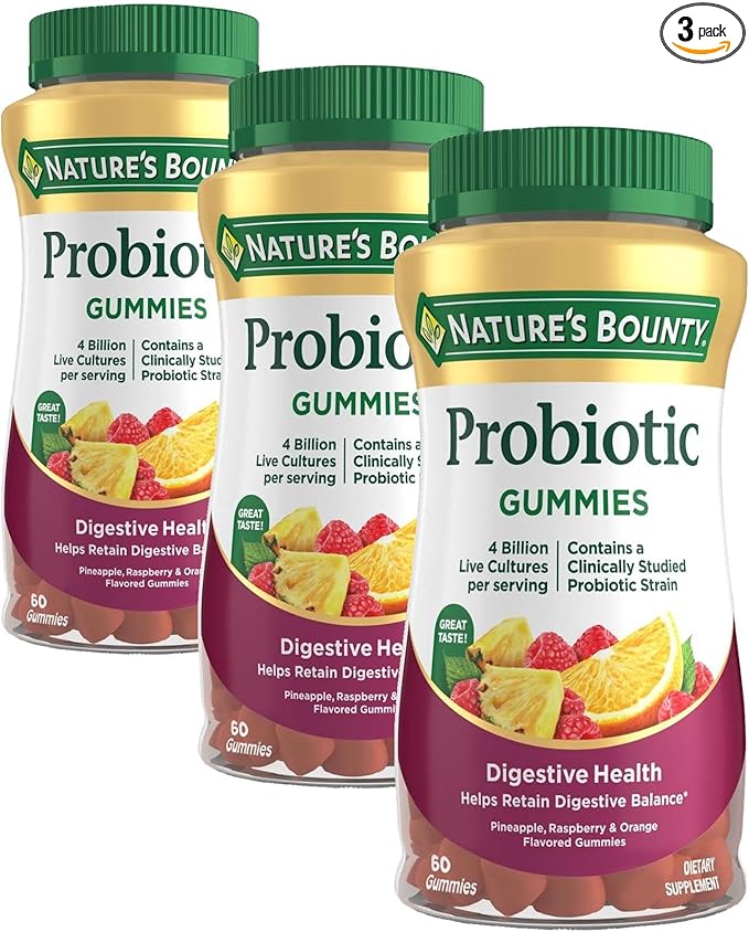 Nature's Bounty Probiotic Gummies, Immune Health & Digestive Balance, Pineapple, Raspberry and Orange Flavor Gummies, 60 Ct (Pack of 3)