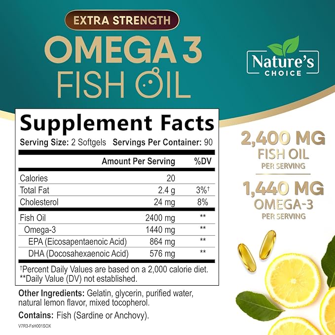 Omega 3 Fish Oil Supplements - 2400mg Fish Oil Per Serving - Triple Strength Omega-3 with Fatty Acids EPA & DHA - Natural Heart, Brain & Immune Support - Wild Caught, Bottled in USA - 180 Softgels