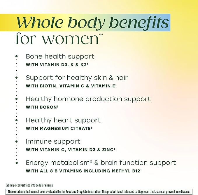 MegaFood Whole Body Womens Multivitamin - Multivitamin for Women - Vitamin D3 K2, Magnesium Citrate, Folate, Biotin, Iron - Brain, Heart, Skin & Hair & Immune Support - 60 Capsules, 30 Servings