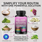 Multi Collagen Pills Peptides Types I, II, III, V & X MCG Biotin Keratin Hyaluronic Acid MSM Vitamin C Zinc Magnesium with Grape Seed Extract, Quercetin - Hair Skin and Nails Vitamins Capsule