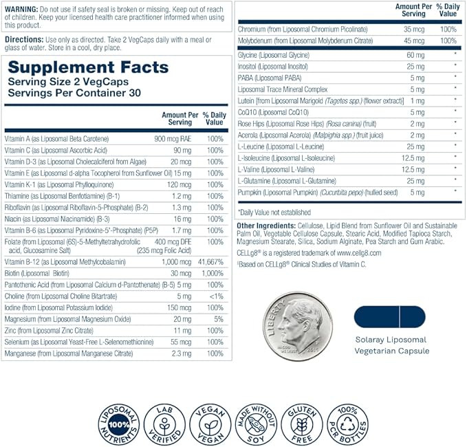 SOLARAY Liposomal Multivitamin for Men, Enhanced Absorption Immune, Energy & Bone Support, Mens Daily Multi Vitamin, BCAAs, Vitamin D3, C, B12, Zinc, Vegan, Soy Free, 30 Serv, 60 VegCaps