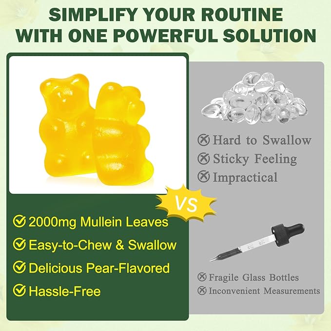 Mullein Gummies for Lungs, 2000mg Mullein Leaf Extract for Lung Cleanse and Respiratory Support, Natural Mullein Herbal Supplement, Pear Flavor Gummies 60 Count