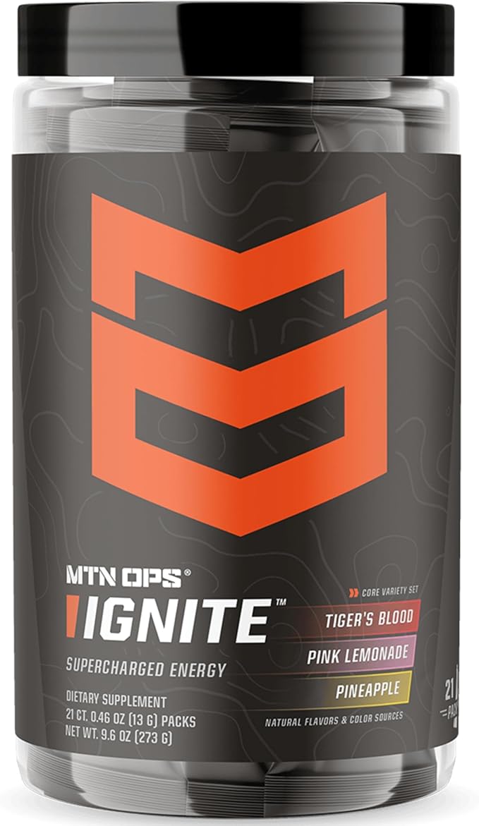MTN OPS Ignite Sugar Free Energy Drink Powder Variety Pack with 200mg Caffeine, Travel Pre Workout Packets for to-Go Energy, Nootropic Blend, L Arginine & L Citrulline, 21 Servings, Core Flavors