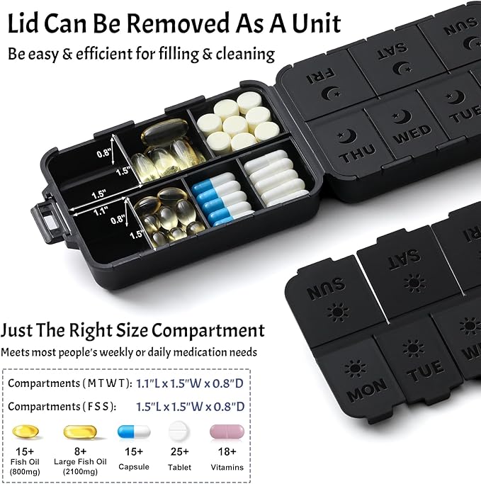 New Foldable & Double Protection Portable Weekly Pill Organizer 2 Times A Day with Etched Labels, AM PM 7 Day Week Medicine Box, Daily Travel Pill Case Dispenser for Vitamin, Supplement - All Black
