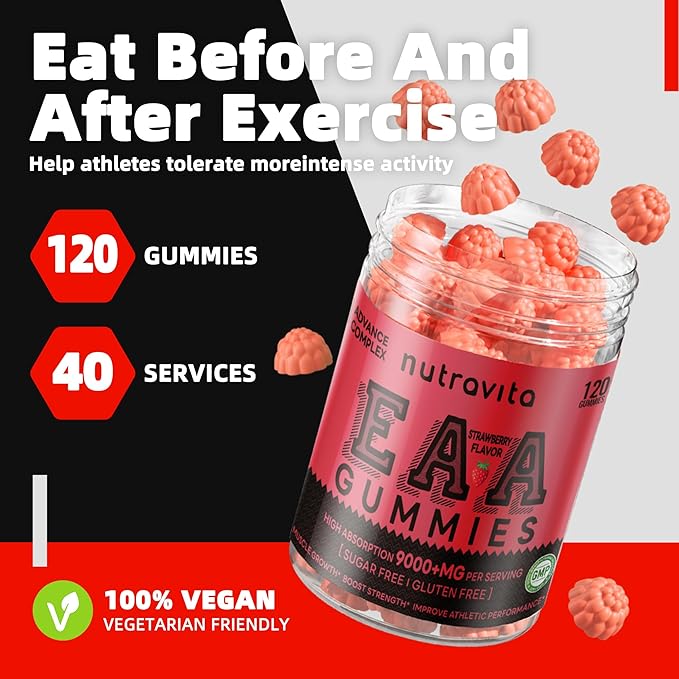 Nutravita EAA Gummies 120 Gummies (Strawberry), 9000 mg Essential Amino Acids - All 9 Essential Aminos (EAA) and All Branched-Chain Aminos (BCAAs), Non-GMO, Gluten Free, Vegetarian Friendly