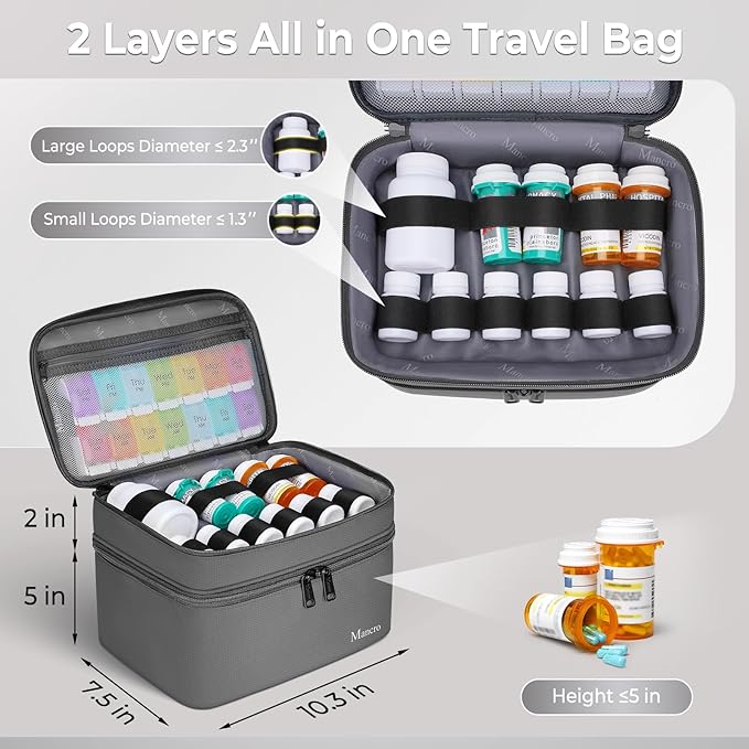 Mancro First Aid Bag Empty with Lockable Zipper, Dual Layers Pill Bottle Organizer Storage for Home, Medication Travel Bag for Pills, Vitamins, Emergency Supplies, Travel, Grey
