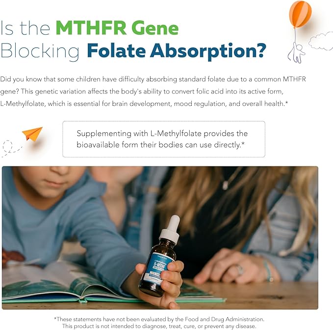 Organic Kids Methylfolate + Methyl B12 Cofactor - Flavorless, Sublingual Form - 5-MTHF Form, Superior Form of Folate - Adjustable Dosing for All Ages - Mood, Behavior, Cognition - 1 oz.