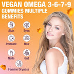 Omega 3 6 7 9 Gummies for Women - Omega 3 Supplement with Sea Buckthorn Oil, Flaxseed Oil, Vitamins E, A & Probiotics - Skin, Eye & Dryness, Chamomile Flavor - 60 Gummies