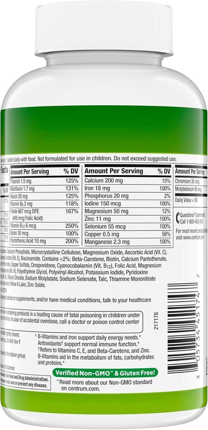 Centrum Adult Multivitamin/Multimineral Supplement with Antioxidants, Zinc, Vitamin D3 and B Vitamins, Gluten Free, Non-GMO Ingredients - 200 Count