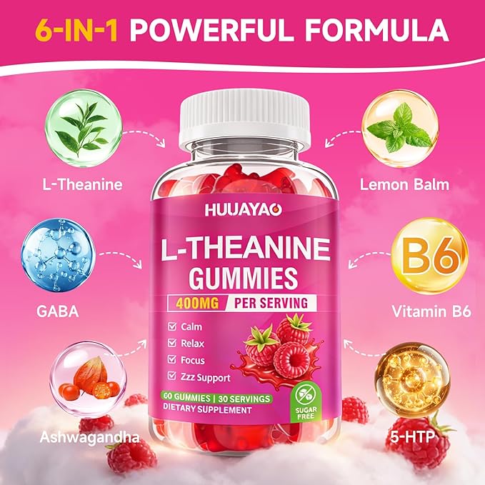 L-Theanine Gummies 400mg, L-Theanine Supplement for Kids & Adults with Ashwagandha, GABA, 5HTP for Calm, Zzz & Relaxation Support, Raspberry Flavor, 60 Counts