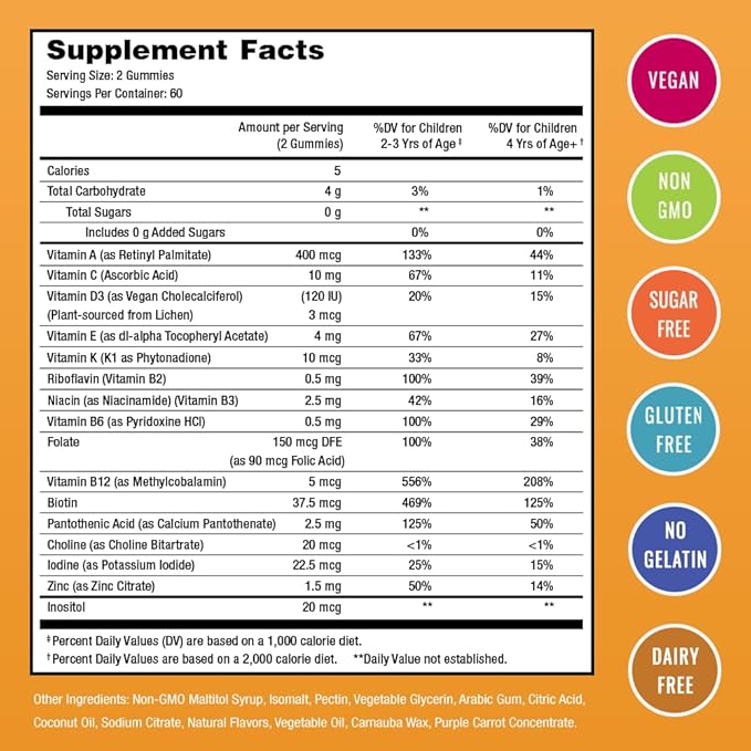 NutraChamps Kids Multivitamin Gummies | Sugar Free 120 Gummy Vitamins for Kids | Vegan & Non-GMO | Strawberry, Passionfruit, Peach & Cherry