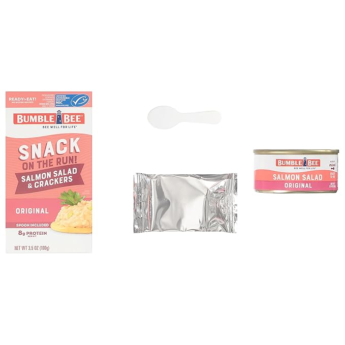 Bumble Bee Snack On The Run Salmon Salad with Crackers Kit - Ready to Eat Protein Snack Pack - 8g Protein per Box - Wild Caught MSC Certified Seafood (Pack of 4)