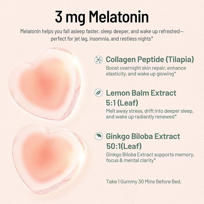 Melatonin Gummies with Ginkgo Biloba Extract, Lemon Balm Extract & Collagen Peptide, 3mg Melatonin, Drug Free Sleep Aid, Strawberry Flavored, 60 Count, Sleep Support Gummies for Restful Sleep
