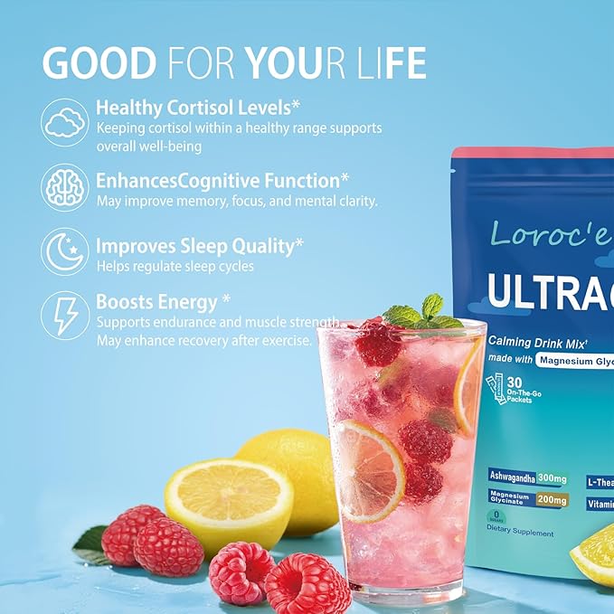 UltraCalm Super Cortisol Drink with Magnesium Glycinate, Ashwagandha, L-Theanine, Vitamin D3, Magnesium Powder for Sleep & Stress Relief, Raspberry Lemonade (30 Servings)