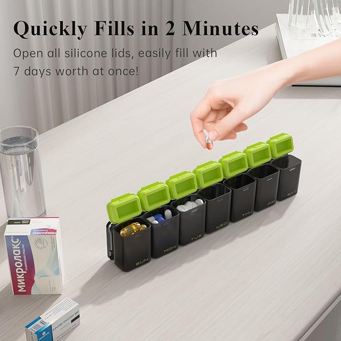 KOVIUU Weekly Pill Organizer Magnetic, Removable Pill Box 7 Day 1 Time a Day, Large Pill Case Travel, Week Once Daily Medication Dispenser, Medicine Container Holder for Supplement Vitamin, Green