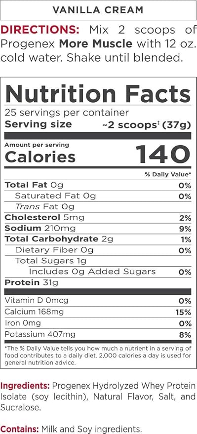 Progenex® More Muscle | No Added Sugar, Hydrolyzed Whey Protein Isolate Powder for Lean Muscle Gain. Best Tasting Low Carb High Protein Shake for Women & Men. 25 Servings (Vanilla Cream)