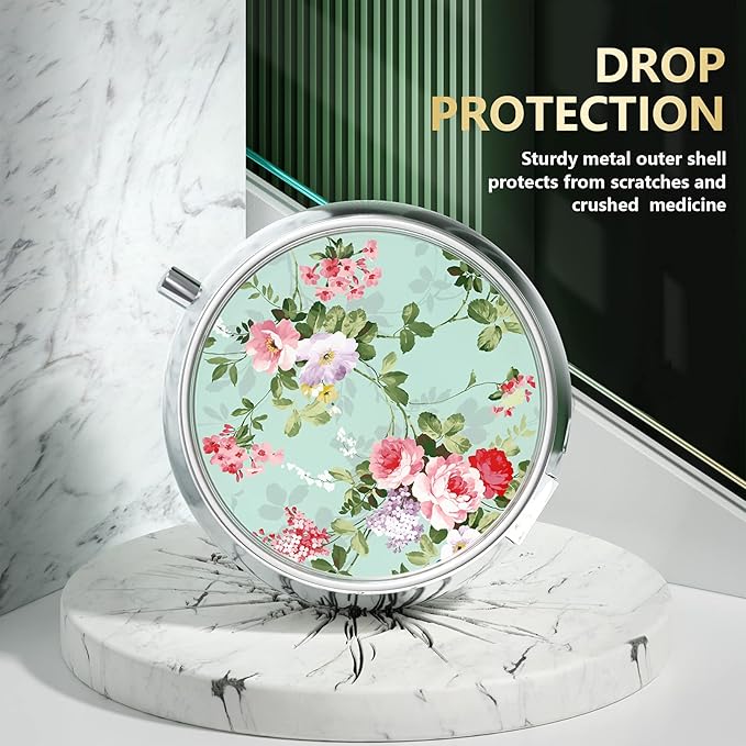Nipichsha Pill Box, Small Pill Case for Purse & Pocket, Cute Travel Medicine Organizer, Portable Medicine Container Holder to Hold Vitamins, Medication, Fish Oil & Supplement, Graceful Peony