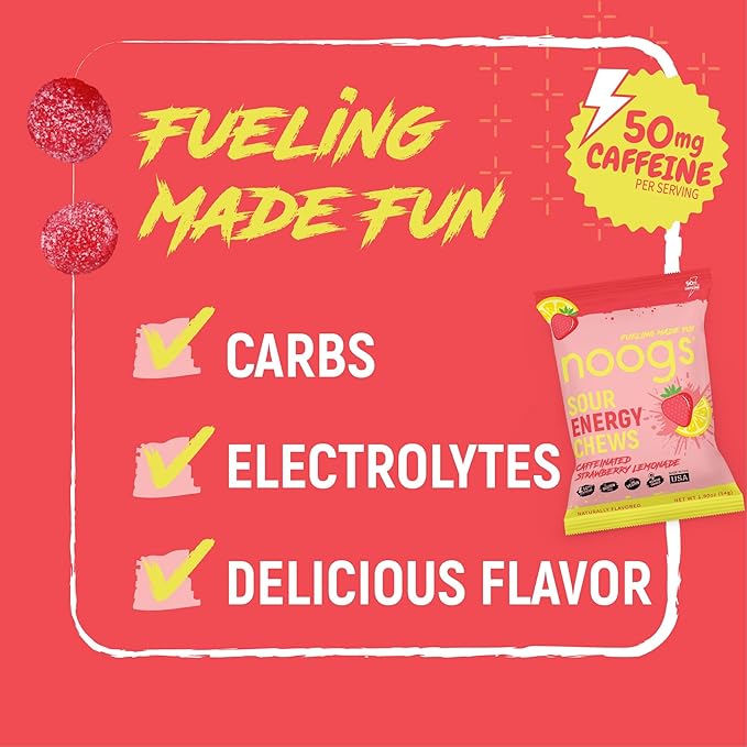Noogs Sour Energy Chews, Strawberry Lemonade Caffeinated Electrolyte Energy Gummies, 50mg Green Tea Caffeine, Sour Candy Flavored Alternative to Running Gels, Vegan & Gluten Free, 12 Pack