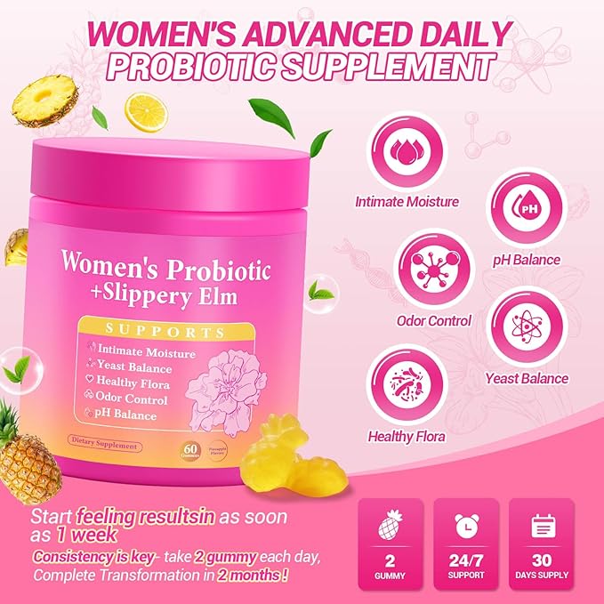 Her Juicy Feminine Probiotics Gummies, Premium Feminine Balance Gummies with Slippery Elm for Women's pH Balance, Healthy Odor, Flora and Immune Support – 30-Day Supply