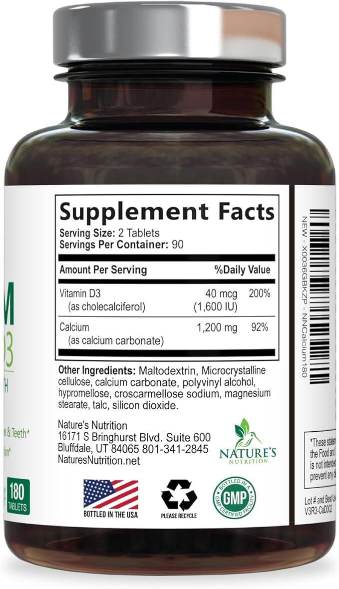 Calcium Supplement with Vitamin D3-1200 mg Calcium per Serving with D3 for Best Absorption - Supports Immune Health, Bones & Teeth - Nature's Calcium is Bottled in USA for Women & Men - 180 Tablets