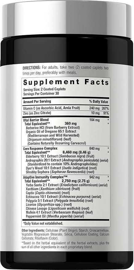 Horbäach Immune Support Supplement | 60 Coated Caplets | with Vitamin C, Zinc & Elderberry | Triple Action | Adaptive Immunity Matrix | Vegan, Non-GMO, Gluten Free