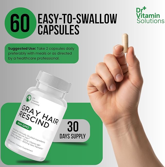 Gray Hair Rescind with Catalase - Antiaging Hair, Skin and Nails Vitamins, Pantothenic Acid, Folic Acid 400mcg, Biotin 300mcg, Saw Palmetto for Men and Women