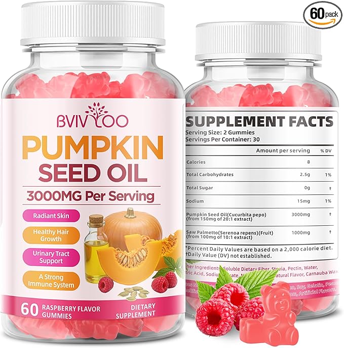 Pumpkin Seed Oil Gummies with Saw Palmetto, Organic Pumpkin Seed Oil Supplement, High-Purity Extract for Hair Growth, Skin Health, & Immune Support, Raspberry Flavor, 60 Count