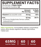Iron Supplement for Women & Men, 3-in-1 65mg Iron Pills, Bisglycinate, Sulfate, Carbonyl Iron with Vitamin C, Enhanced Absorption, Energy, Red Blood Cell Support, Gentle, 60 Tablets