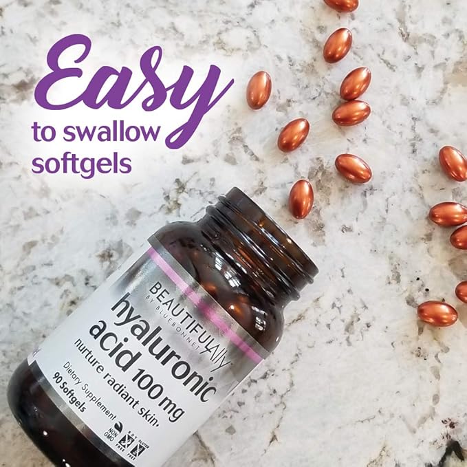 Bluebonnet Nutrition Beautiful Ally Hyaluronic Acid 100mg, Nurture Radiant Skin*, Non-GMO, Gluten-Free, Soy-Free, 90 Softgels, 90 Servings