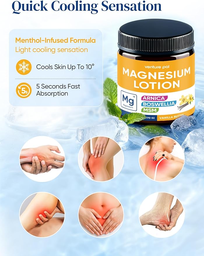 Magnesium Lotion with Arnica, MSM & Boswellia – Cooling Magnesium Cream – Lightweight Moisturizing Lotion for Legs & Feet – Safe for Kids – 6 fl oz