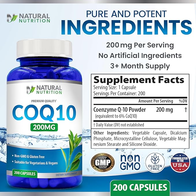 Generic Natural Vitamin Coq10 200mg, 200 Capsules, Quick Absorption - Gluten Free & Non-GMO