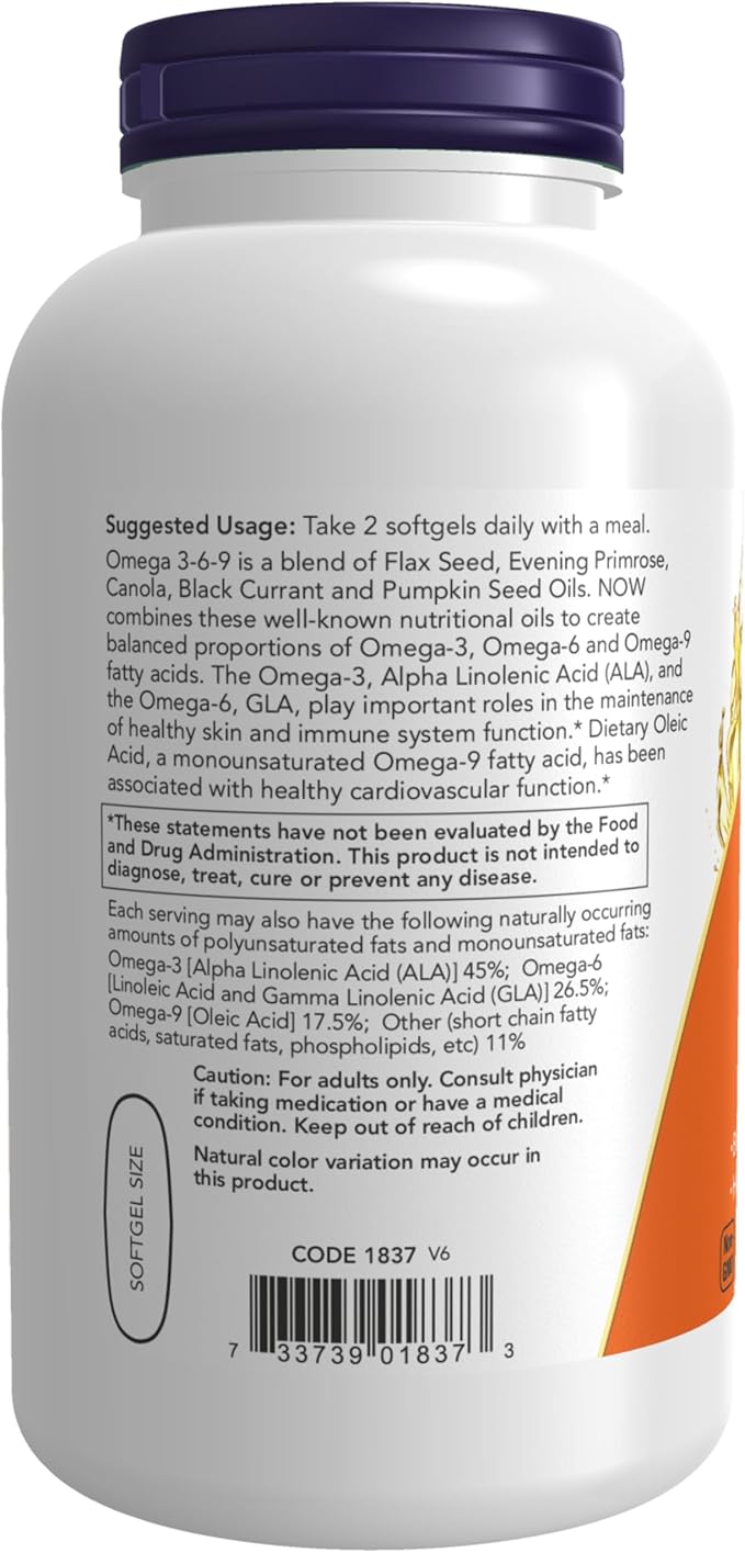 NOW Foods Supplements, Omega 3-6-9 1000 mg with a blend of Flax Seed, Evening Primrose, Canola, Black Currant and Pumpkin Seed Oils, 250 Softgels