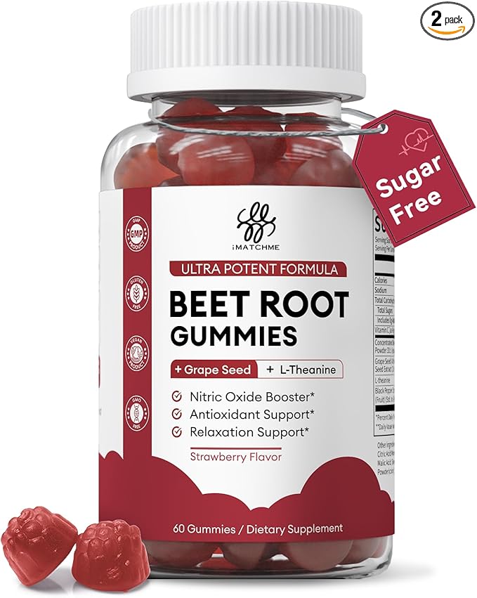2 Pack Beet Root Gummies – Blood Pressure Support & Mood Support, Super Nitric Oxide Beets Supplement with Grape Seed, L-Theanine & Vitamin C, Sugar-Free Vegan, 30:1 Beet Root Extract, 120 Chews