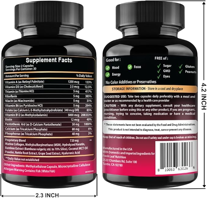 B12 with Hyaluronic Acid, Collagen and Folate – 25000 mcg B12 Complex | Maximize Absorption & Energy | Gluten Free USA Made, B1, B2, B3, B6, B7, B12 vitamins 5000 mcg Methylcobalamin - 60 Capsules
