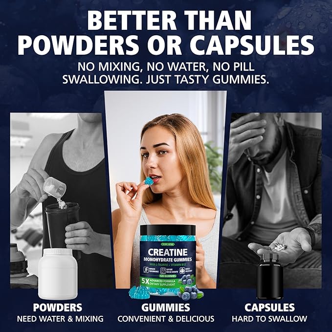 Creatine Gummies for Women & Men, Creatine Monohydrate Gummies Supplement, Pre-Workout Support, with Taurine & Vitamin B12, Blueberry Flavor Chewable Creatine Gummy, 120 Count