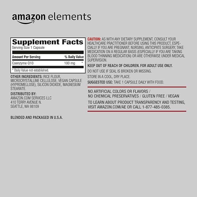 Amazon Elements - CoQ10 100 mg, Vegan, Normal Energy Production, Supports Cardiovascular Health - 2 Month Supply (60 Capsules)