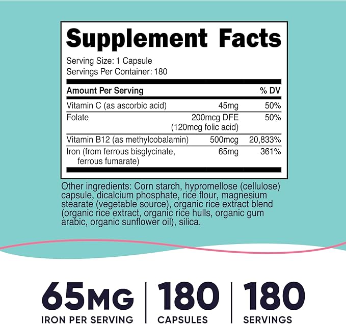 Nutricost Iron for Women 65mg, 180 Capsules, with Vitamin C, Folate, & Vitamin B12 - Vegetarian Friendly, Non-GMO, Gluten Free