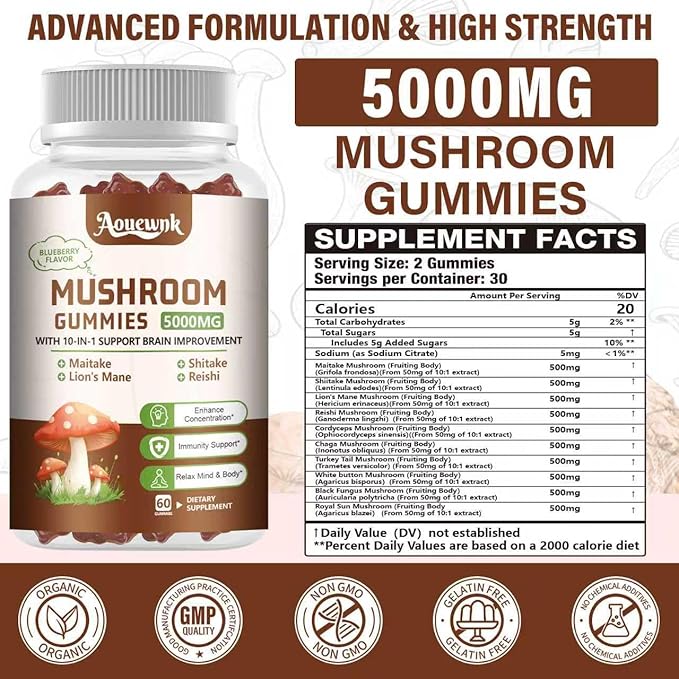 1 Pack 5000MG Mushroom Gummies for Men & Women - 10-in-1 Blend Mushroom Complex Supplement containing Lion's Mane, Brain and Immune Boosting, Blueberry Flavor, Non-GMO, 60 Cts