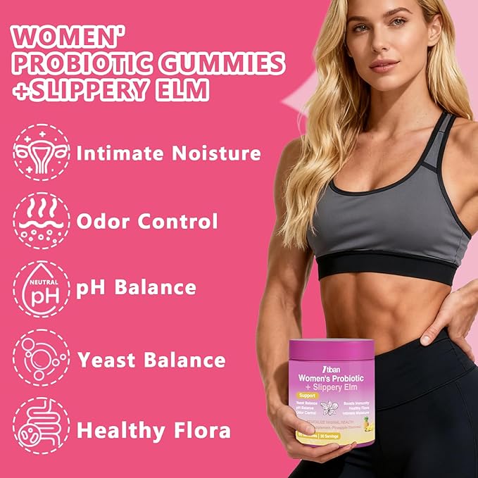 Feminine Vaginal Probiotics Gummies, Supports pH Balance & Digestive Health, Slippery Elm for Women, Suagr-Free, Veagn, Pineapple Flavor, 120 Count